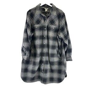 Duluth Trading Co Folklore Flannel Duster Shirt Jacket Gray Black Plaid Women 2X